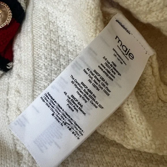 New Maje White Cardigan with Red and Black Trim Wool L - Picture 7 of 8